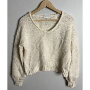 Madewell Balloon Sleeve Sweater Cream V Neck Alpaca Wool Blend Pullover Size XXS